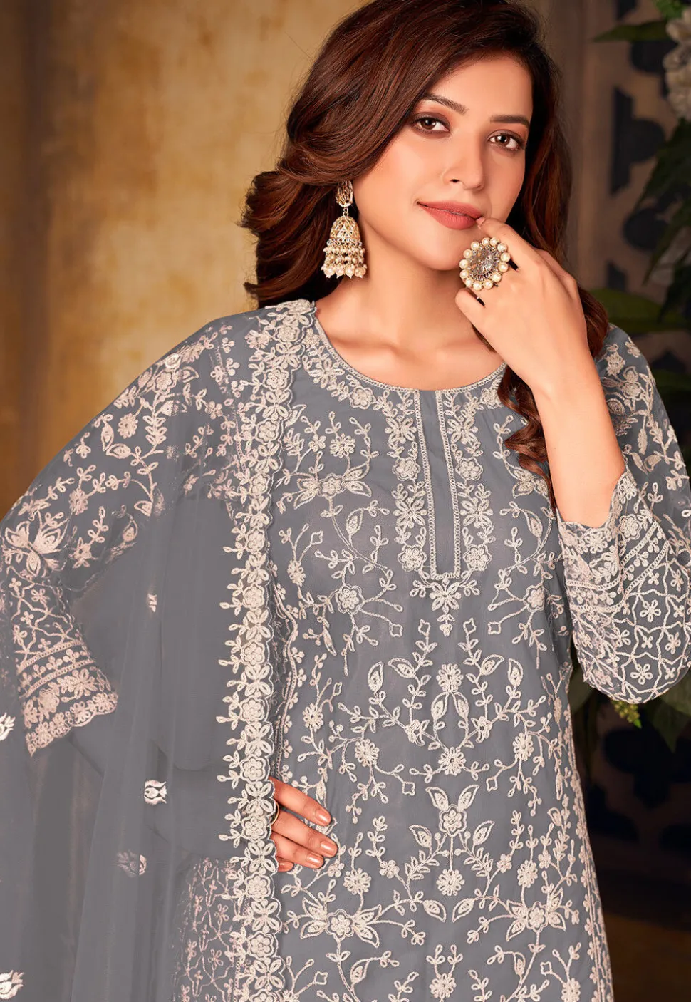 Embroidered Net Scalloped Pakistani Suit in Grey