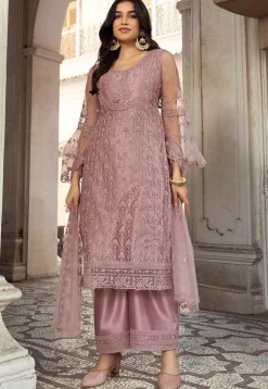 Embroidered Net Scalloped Pakistani Suit in Purple
