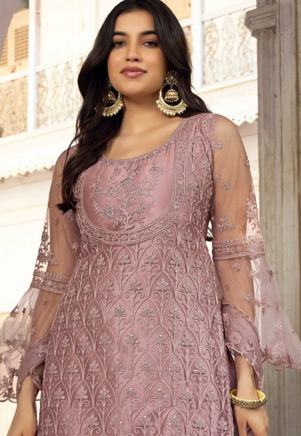 Embroidered Net Scalloped Pakistani Suit in Purple