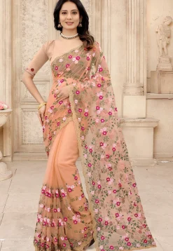 Embroidered Net Scalloped Saree in Peach