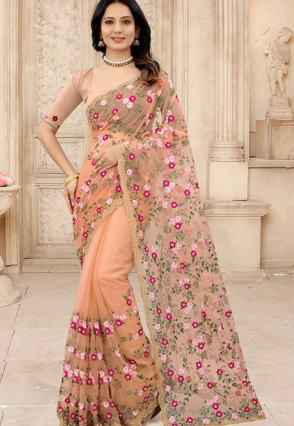 Embroidered Net Scalloped Saree in Peach