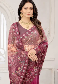 Embroidered Net Scalloped Saree in Shaded Magenta