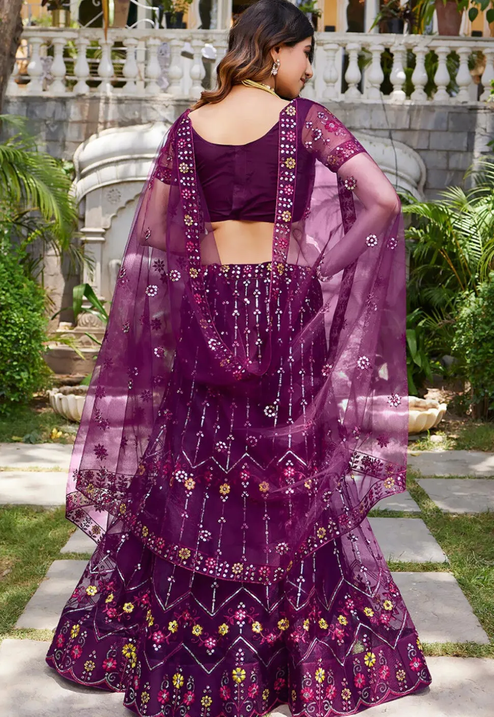 Embroidered Net Scalloped Lehenga in Wine