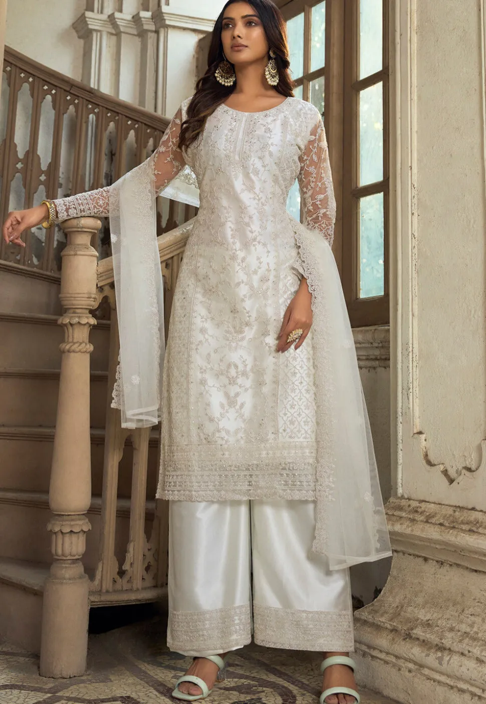 Embroidered Net Scalloped Pakistani Suit in Off White