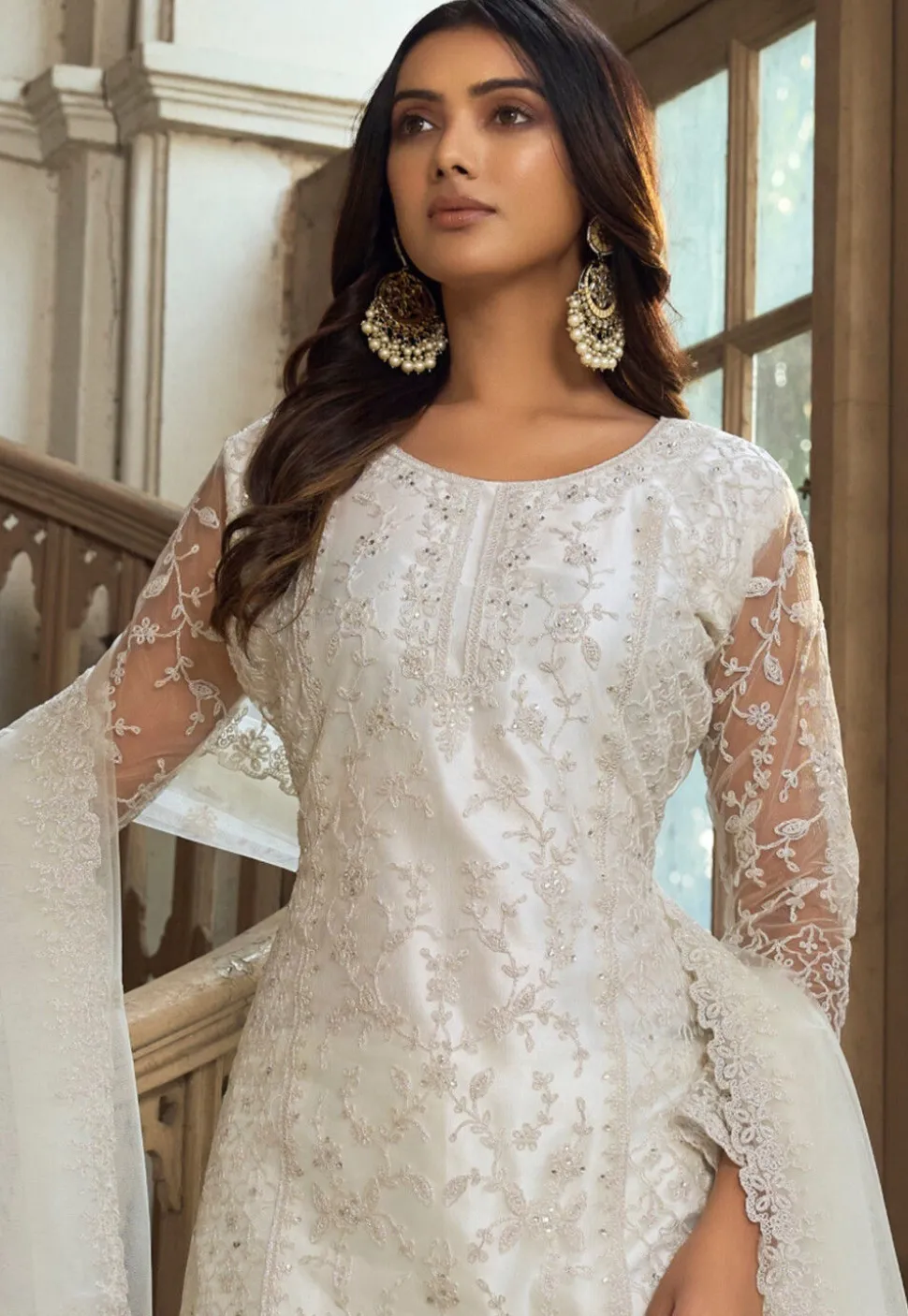 Embroidered Net Scalloped Pakistani Suit in Off White