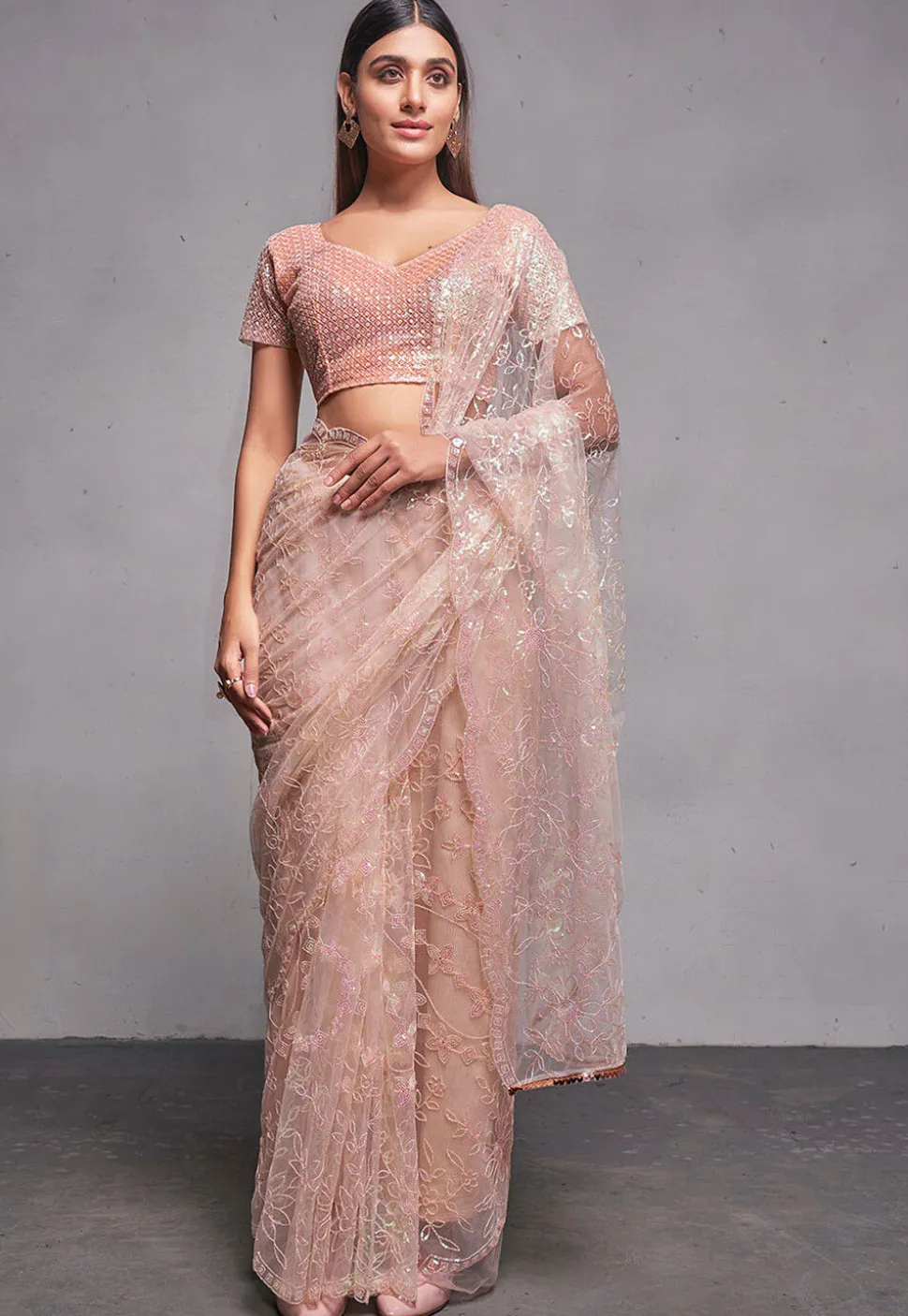 Embroidered Net Scalloped Saree in Peach