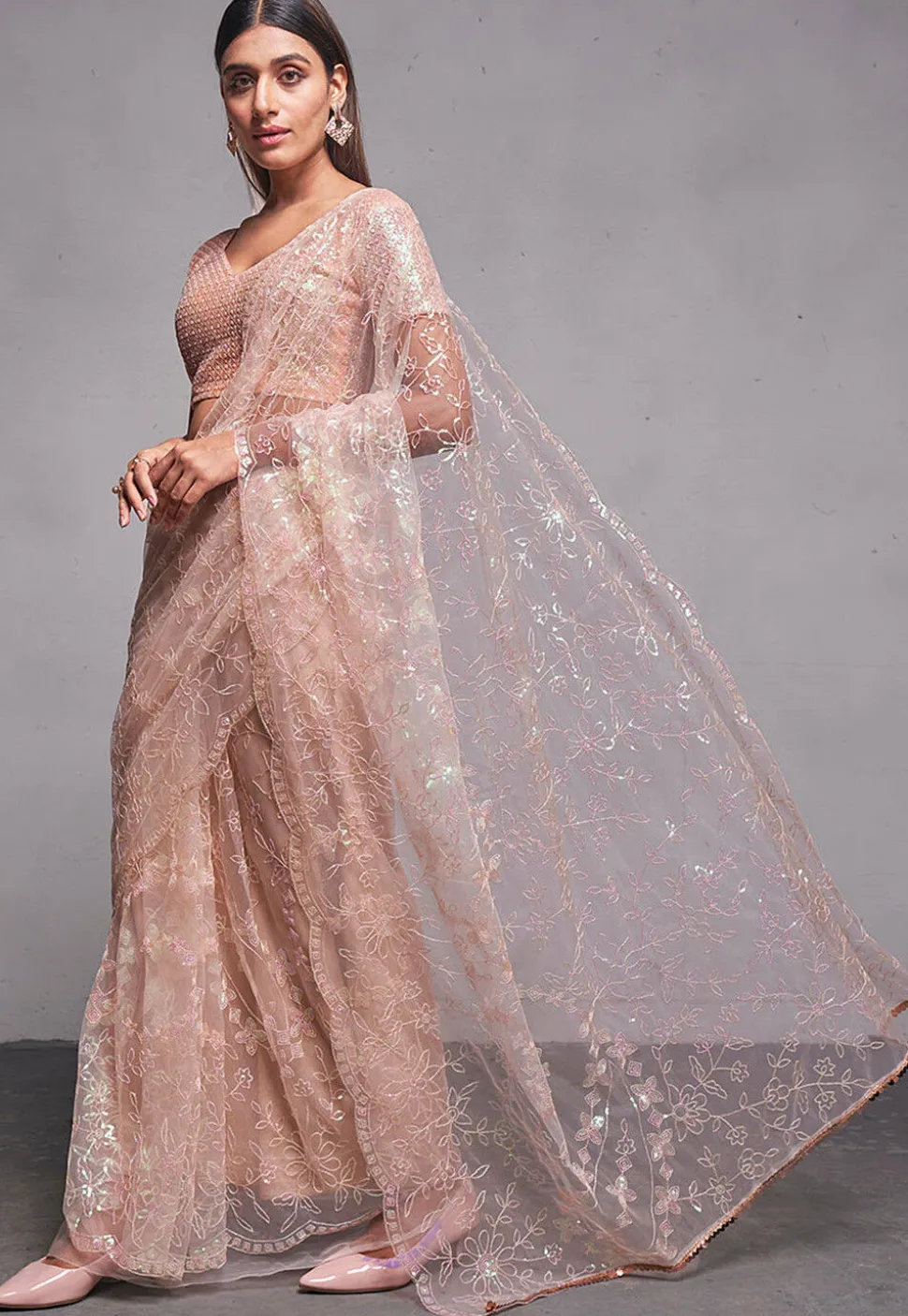 Embroidered Net Scalloped Saree in Peach