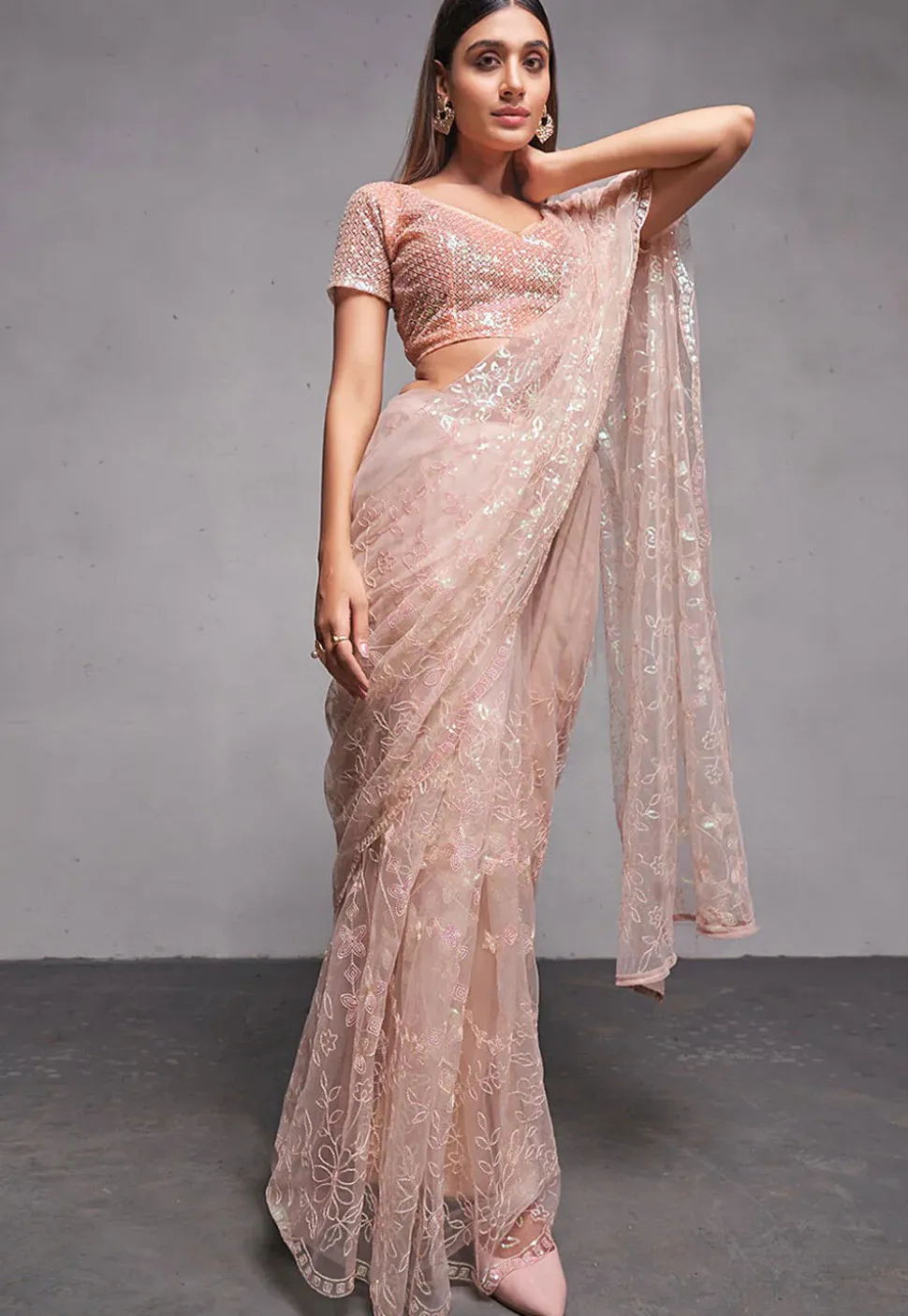 Embroidered Net Scalloped Saree in Peach