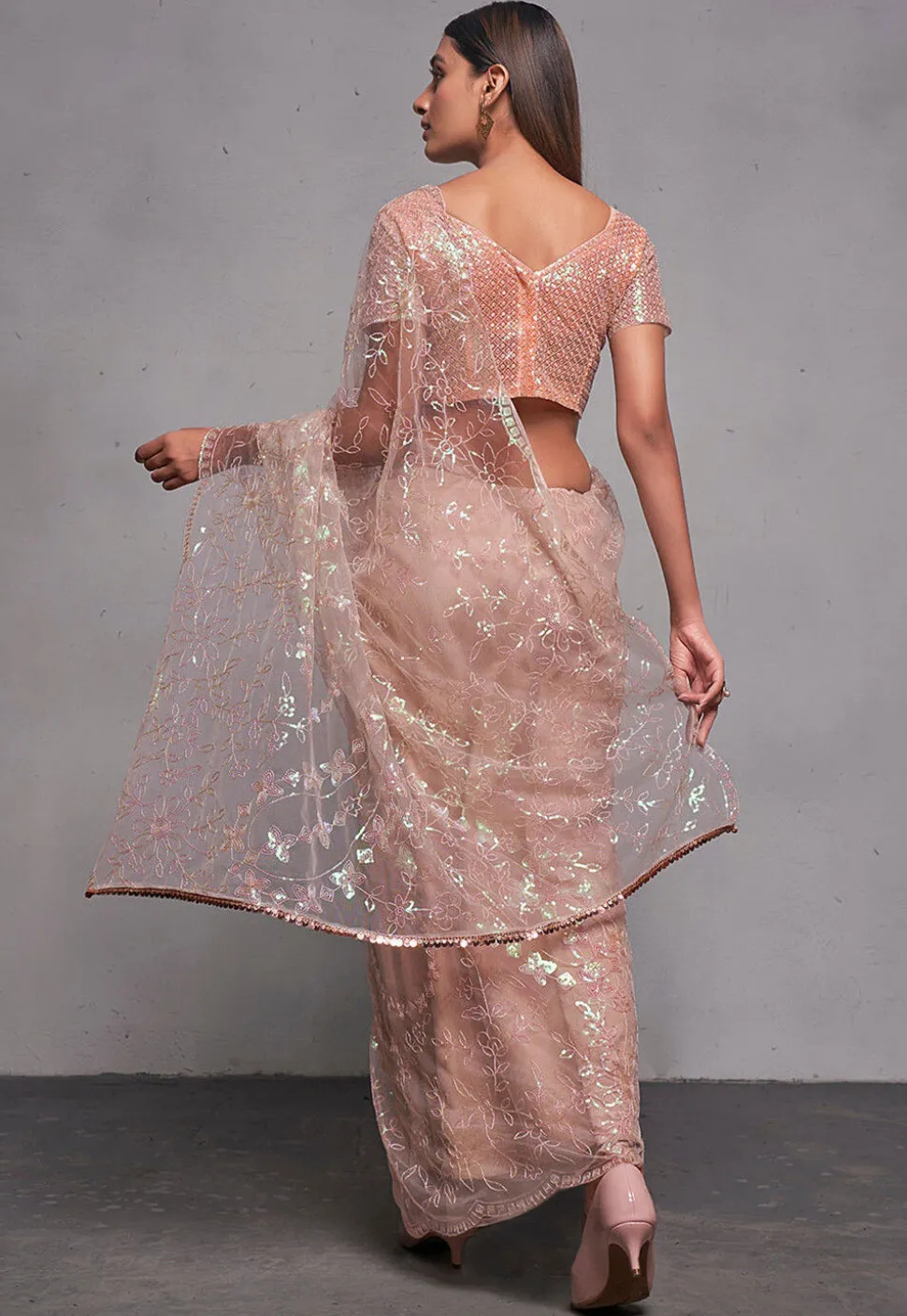 Embroidered Net Scalloped Saree in Peach