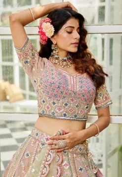 Embroidered Net Scalloped Lehenga in Multicolor