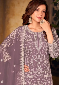 Embroidered Net Scalloped Pakistani Suit in Purple