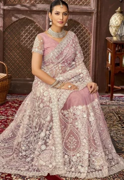 Embroidered Net Scalloped Saree in Pink
