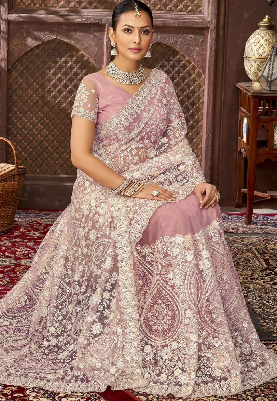 Embroidered Net Scalloped Saree in Pink