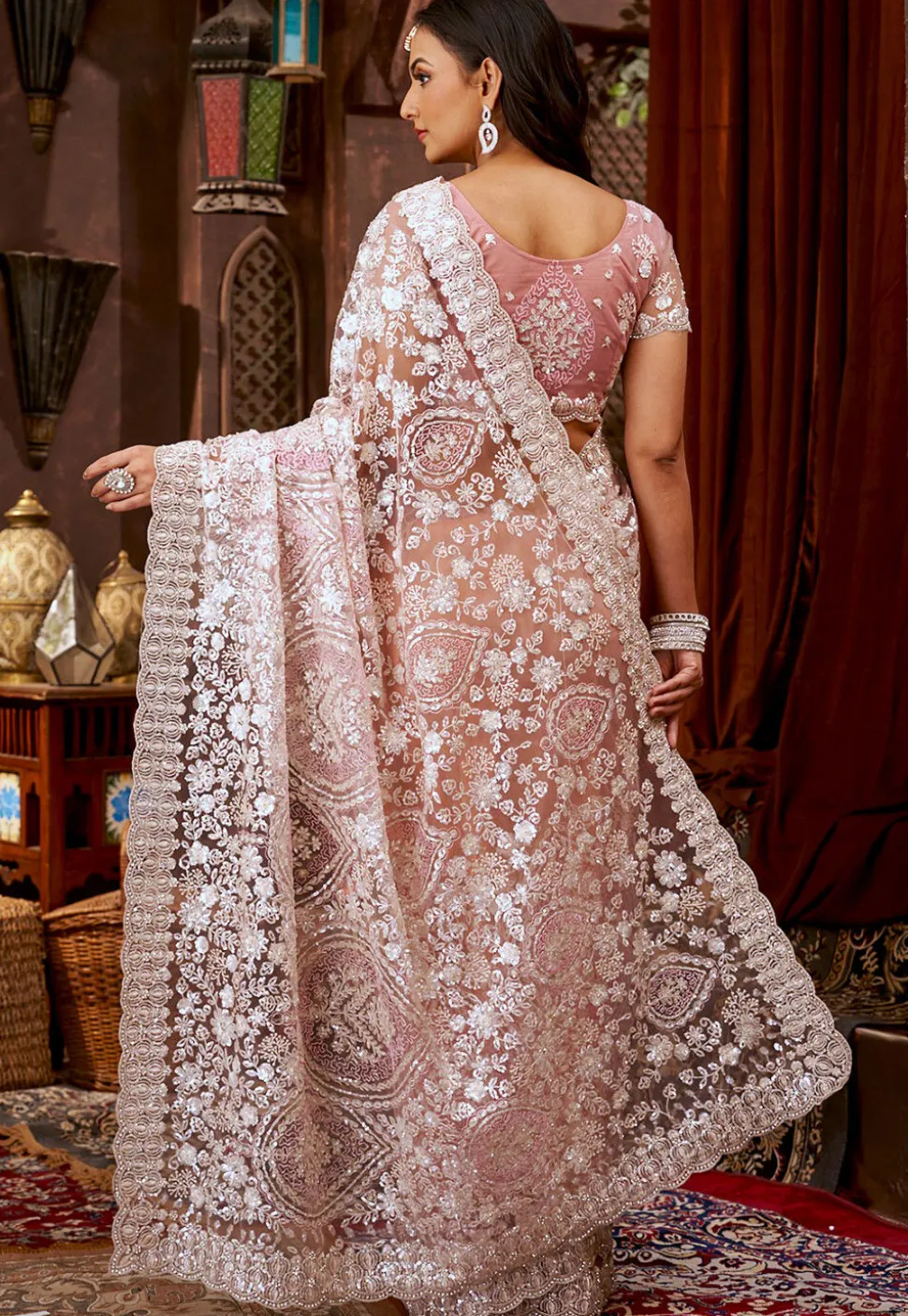Embroidered Net Scalloped Saree in Pink