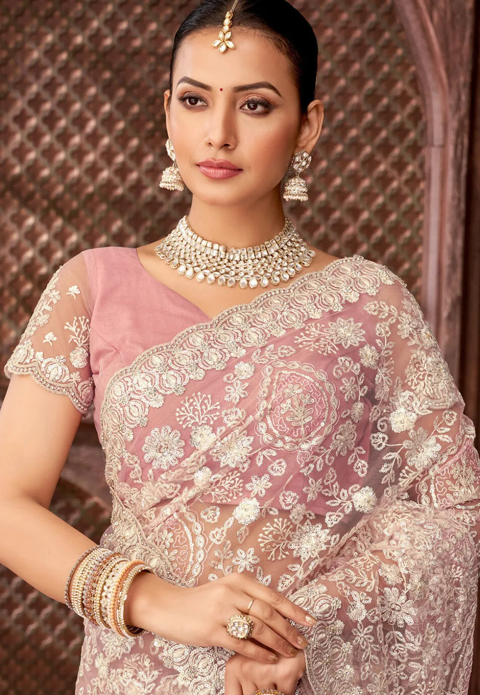 Embroidered Net Scalloped Saree in Pink