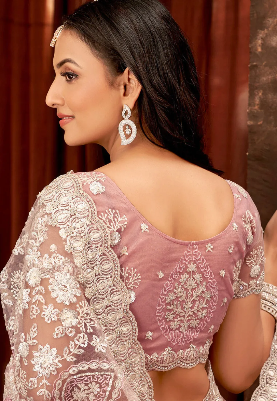 Embroidered Net Scalloped Saree in Pink