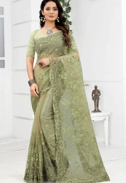 Embroidered Net Scalloped Saree in Dusty Green