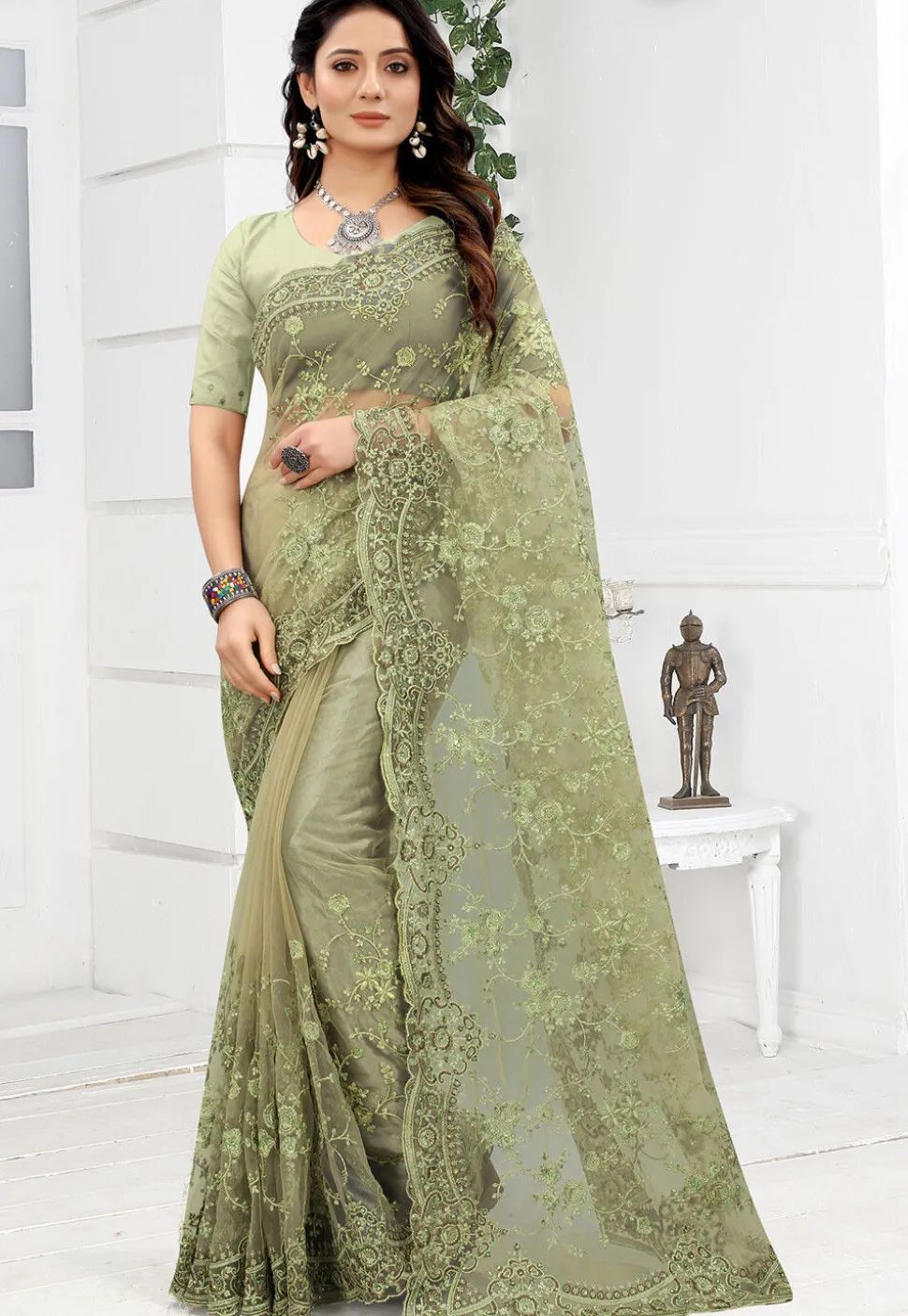 Embroidered Net Scalloped Saree in Dusty Green