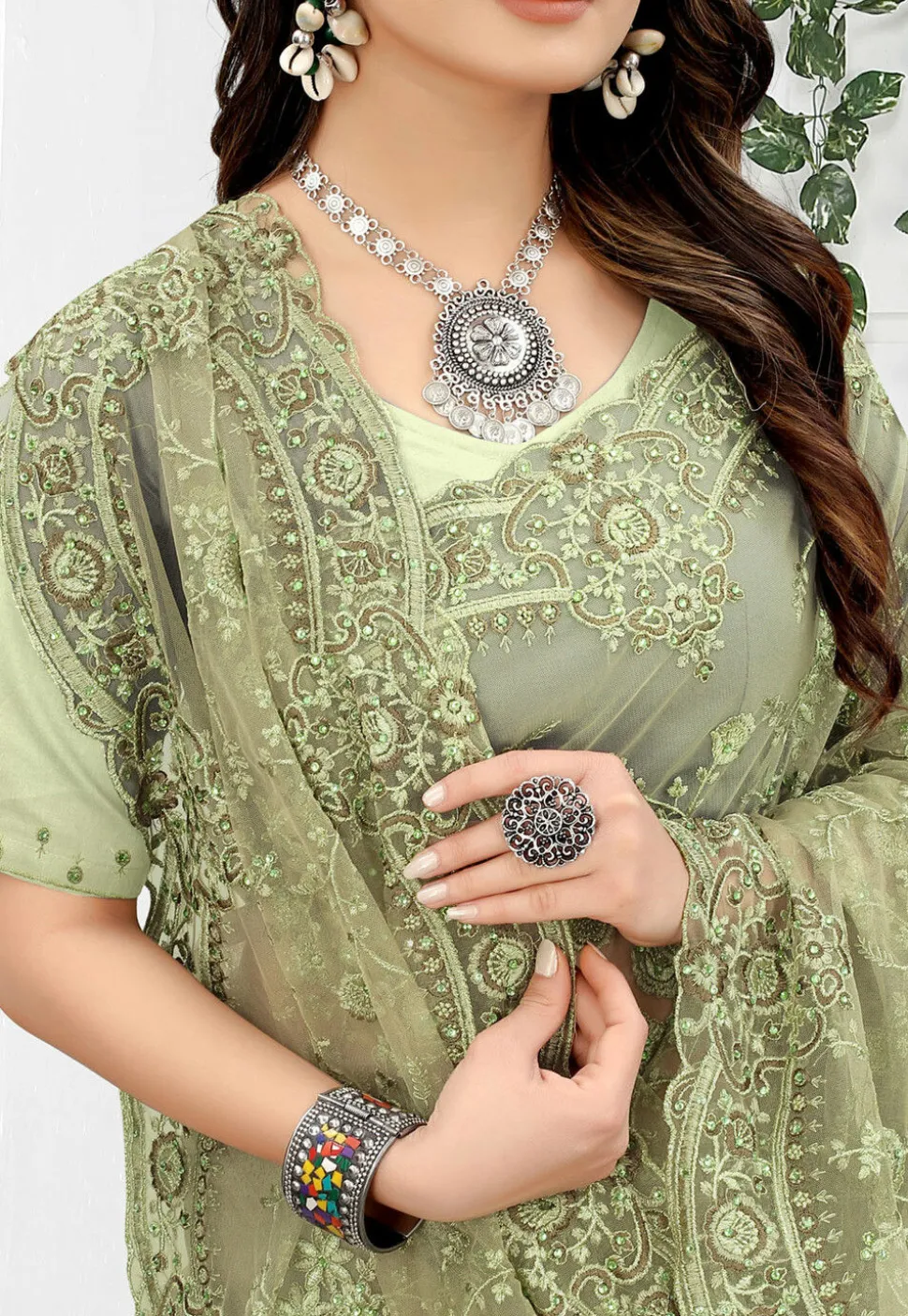 Embroidered Net Scalloped Saree in Dusty Green
