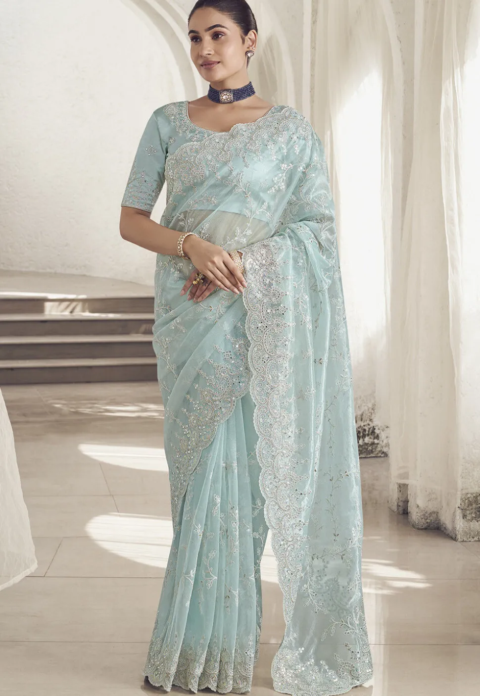 Embroidered Net Scalloped Saree in Light Blue
