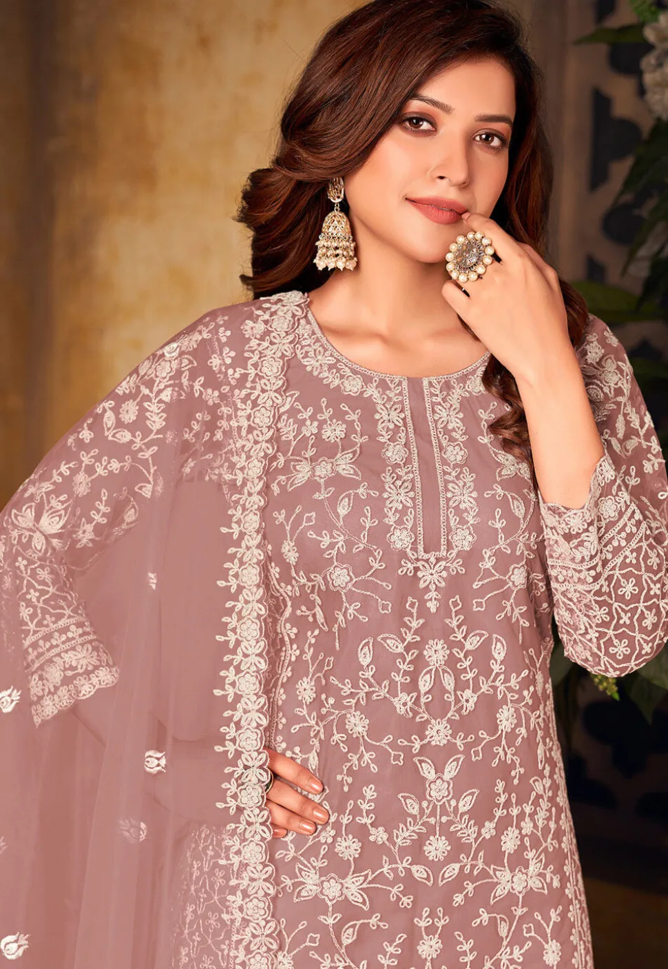 Embroidered Net Scalloped Pakistani Suit in Brown