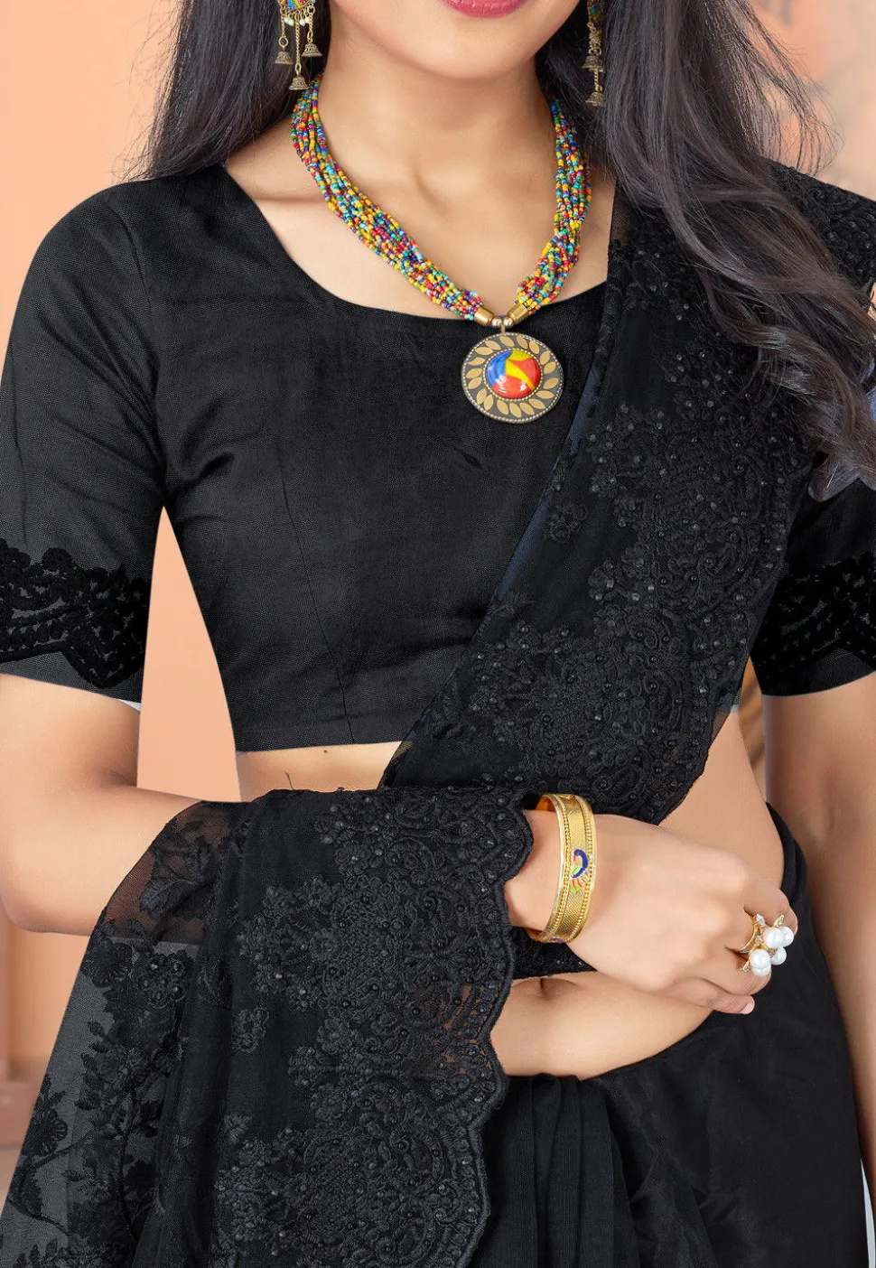 Embroidered Net Scalloped Saree in Black