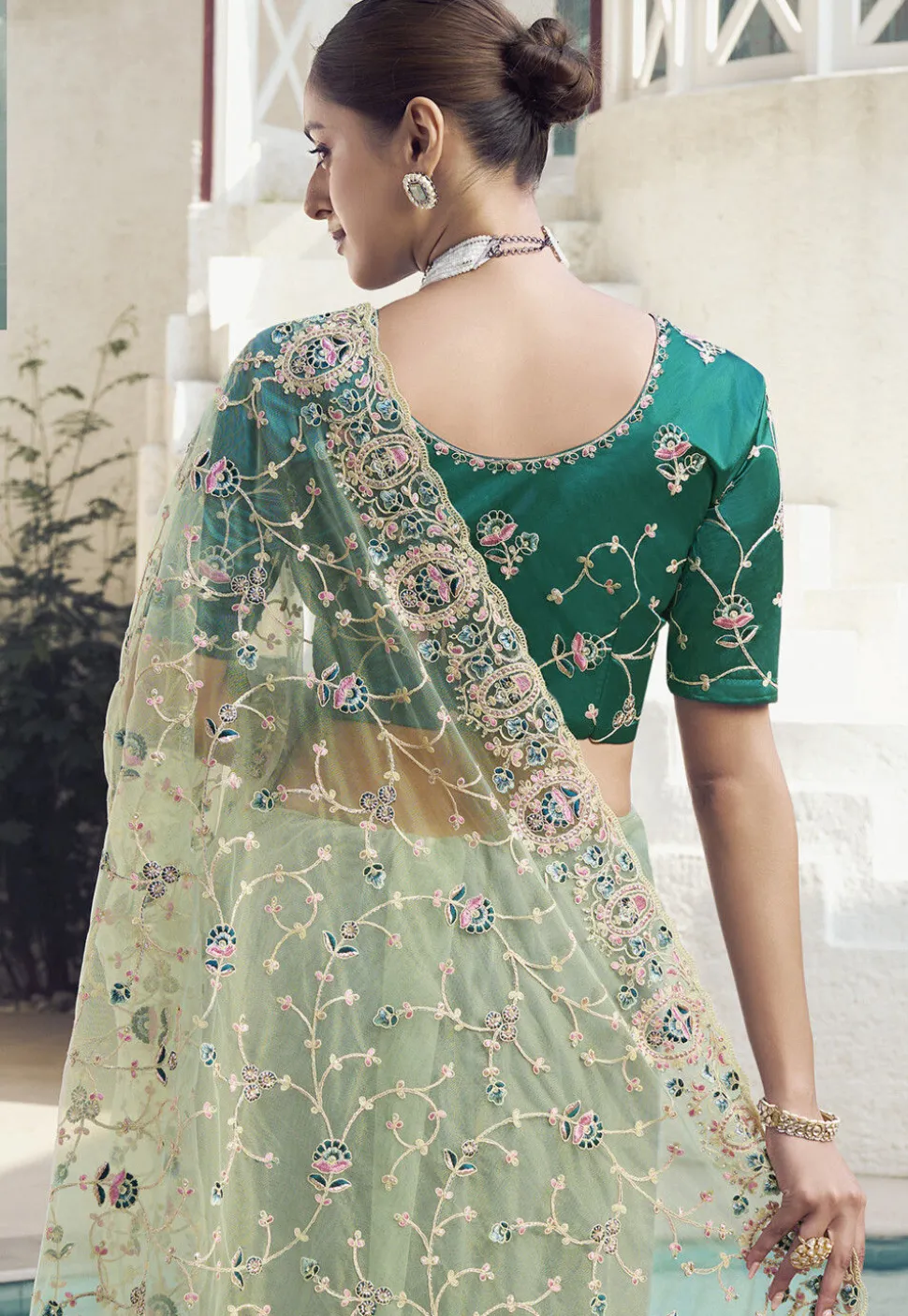 Embroidered Net Scalloped Saree in Light Green