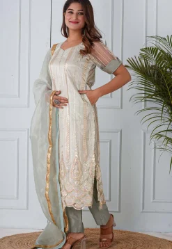 Embroidered Net Scalloped Hem Pakistani Suit in Pastel Green
