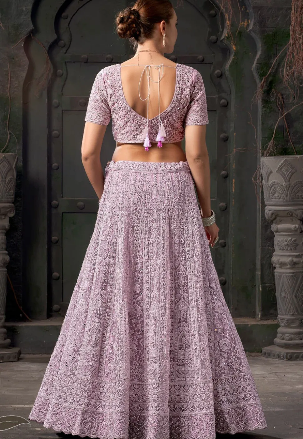 Embroidered Net Scalloped Lehenga in Purple