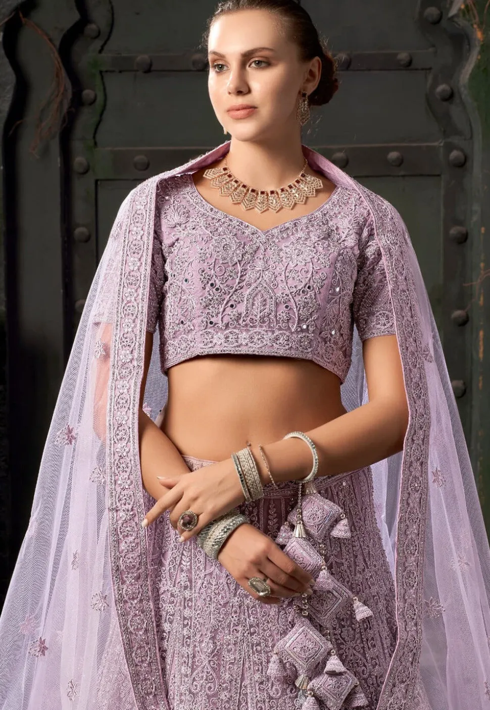Embroidered Net Scalloped Lehenga in Purple