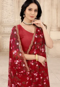 Embroidered Net Scalloped Saree in Red