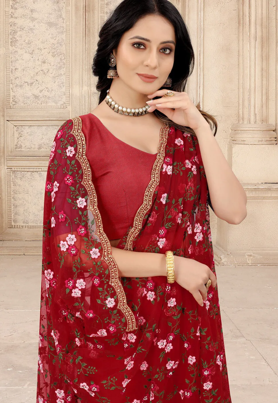 Embroidered Net Scalloped Saree in Red