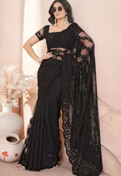 Embroidered Net Scalloped Saree in Black