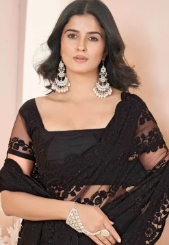 Embroidered Net Scalloped Saree in Black