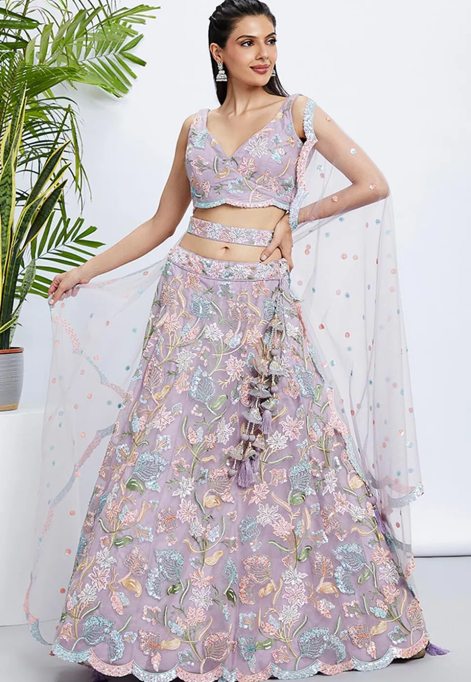 Embroidered Net Scalloped Lehenga in Light Purple