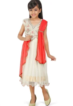 Embroidered Net Silk Dress in Off White and Red