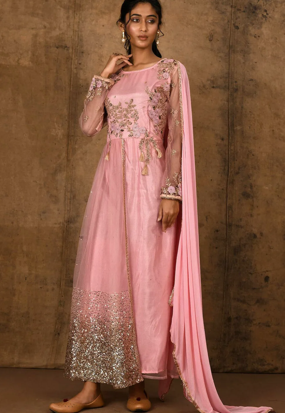 Embroidered Net Straight Suit in Peach