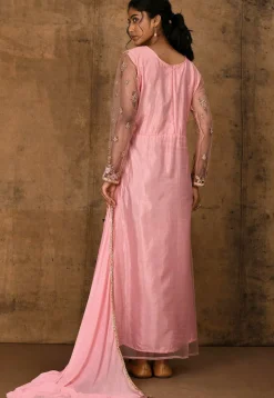 Embroidered Net Straight Suit in Peach