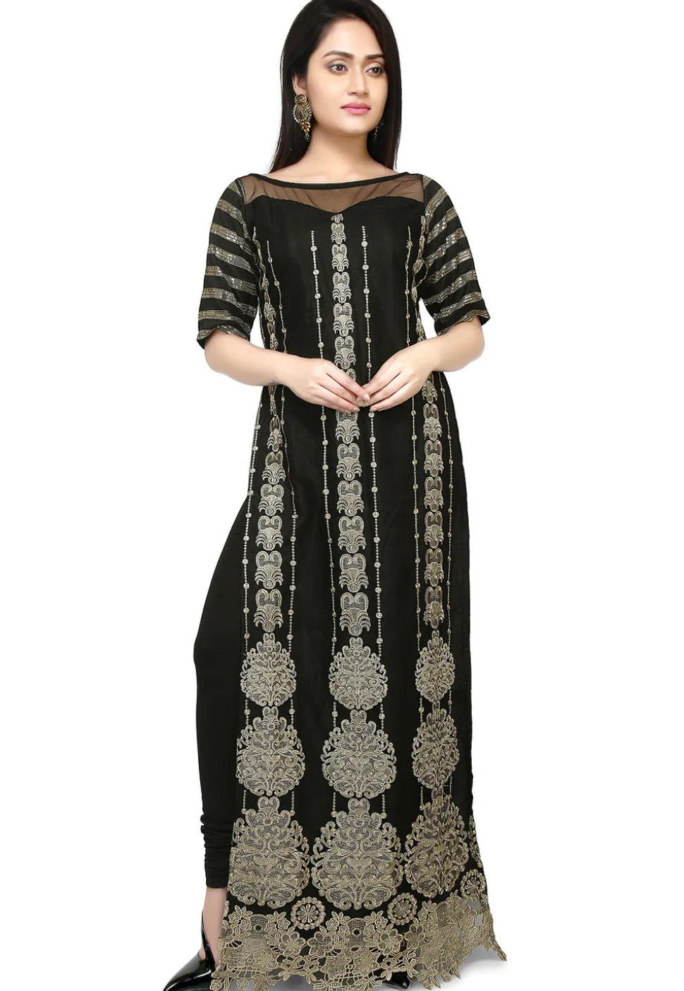 Embroidered Net Straight Kurta in Black