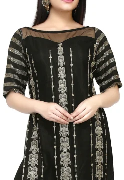 Embroidered Net Straight Kurta in Black