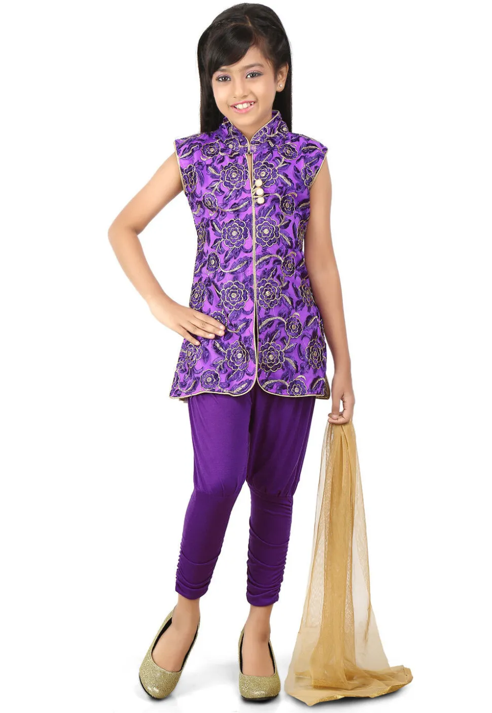 Embroidered Net Straight Suit in Purple