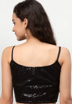Embroidered Net Strappy Crop Top in Black