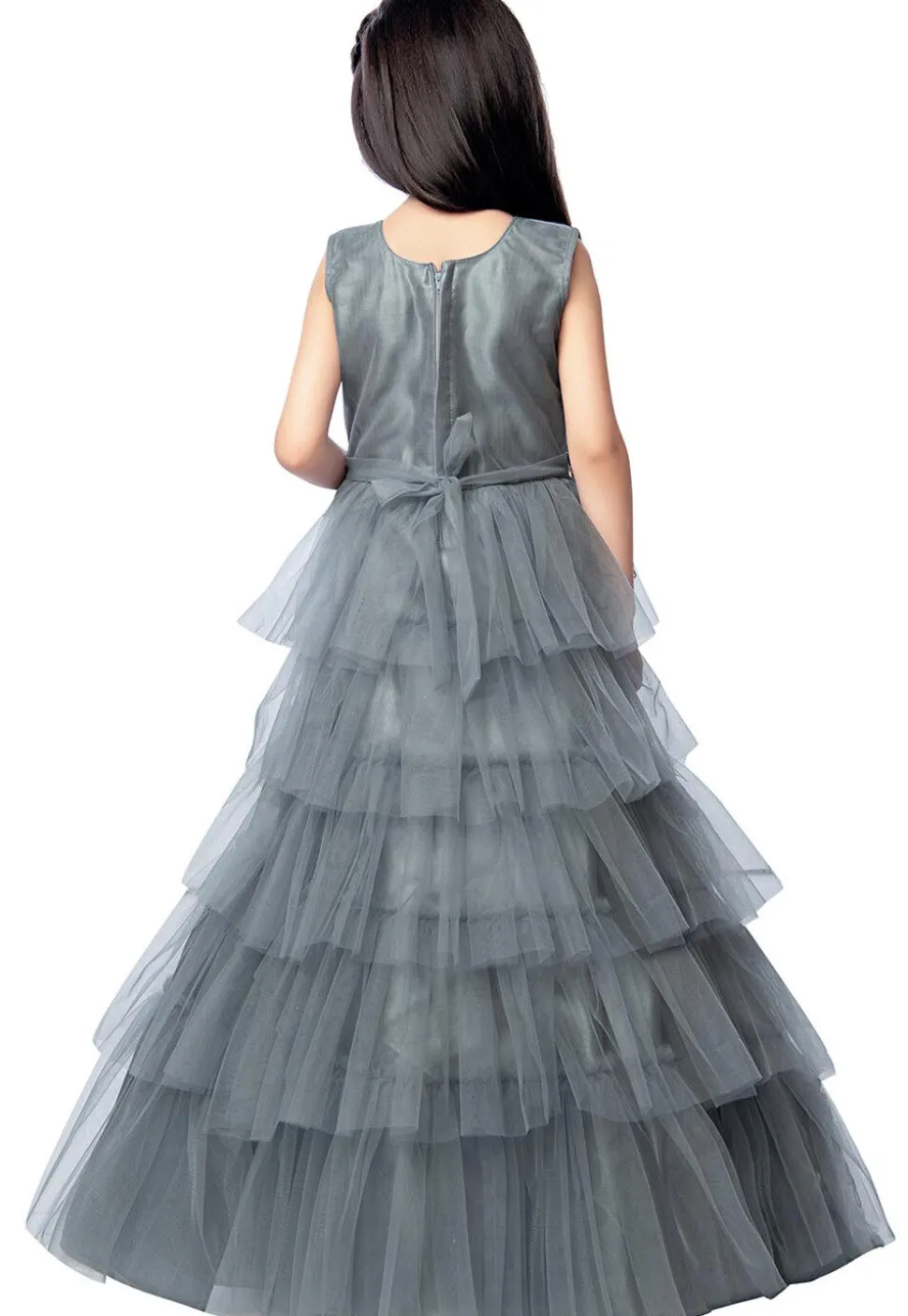 Embroidered Net Tiered Gown in Grey