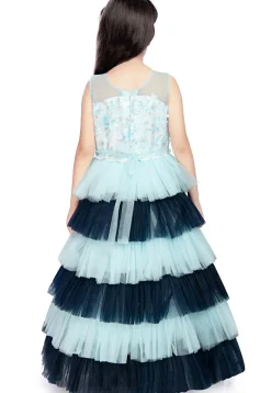 Embroidered Net Tiered Gown in Sky Blue and Blue