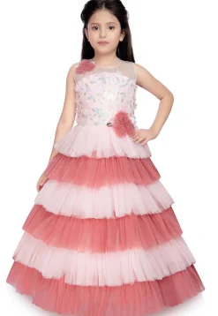 Embroidered Net Tiered Gown in Light Pink and Peach