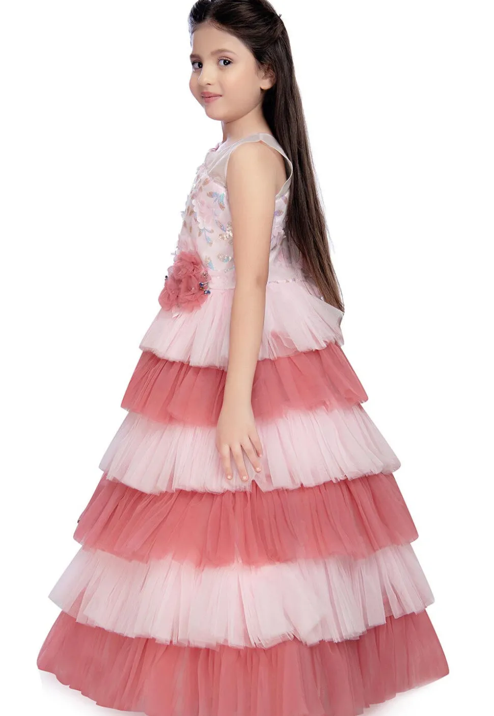 Embroidered Net Tiered Gown in Light Pink and Peach