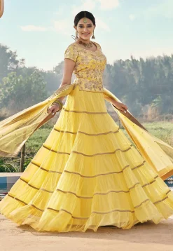 Embroidered Net Tiered Lehenga in Yellow