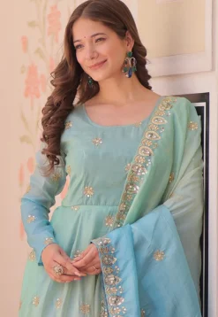 Embroidered Organza Abaya Style Suit in Shaded Green and Blue