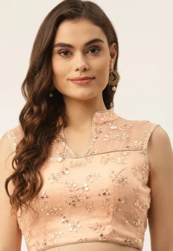 Embroidered Organza Back Cut Out Blouse in Peach