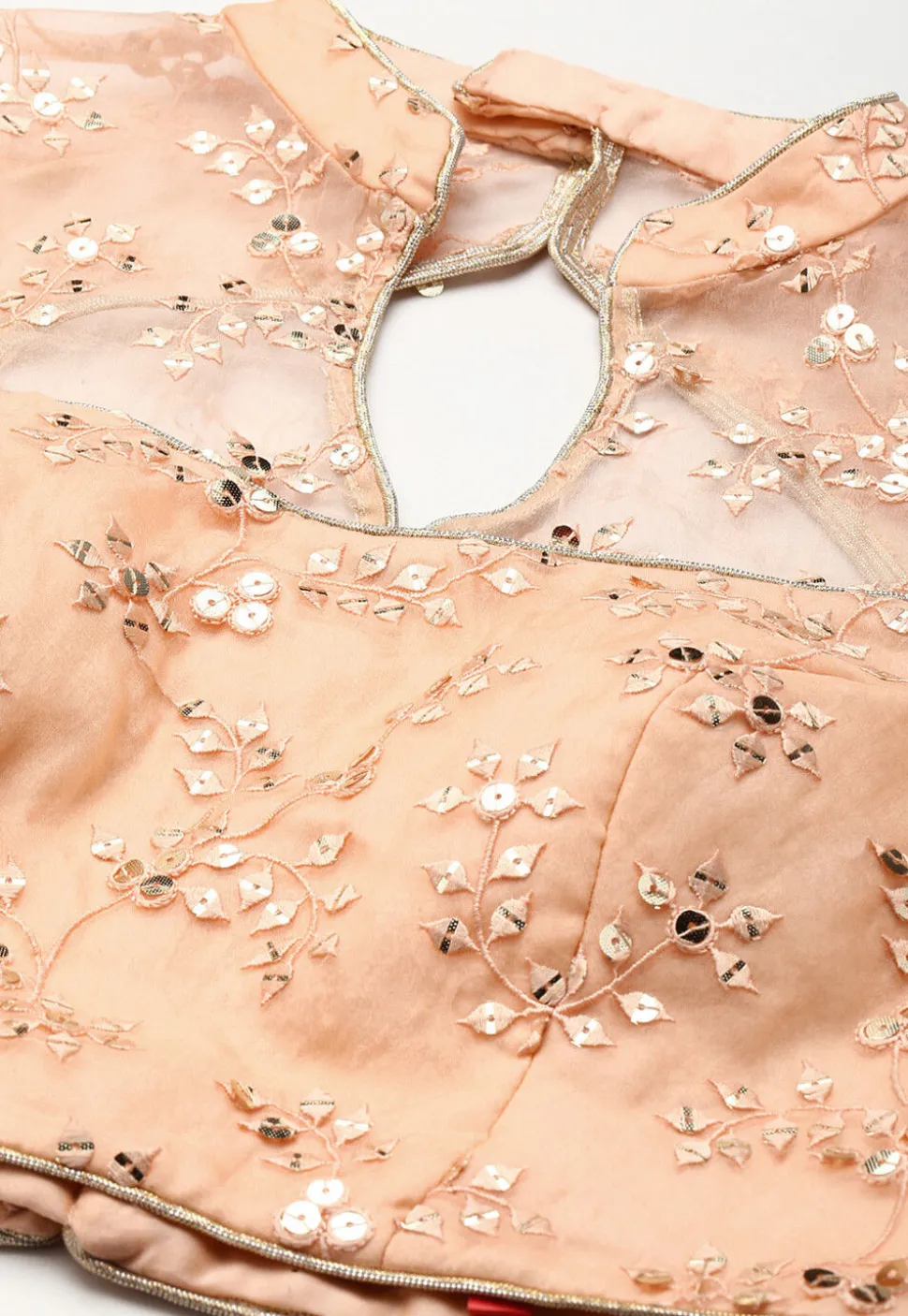 Embroidered Organza Back Cut Out Blouse in Peach